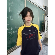 夏季美式高街重磅纯棉三条杠织带插肩撞色男女短袖T恤CZ173-特P25，男装T恤，电商A486