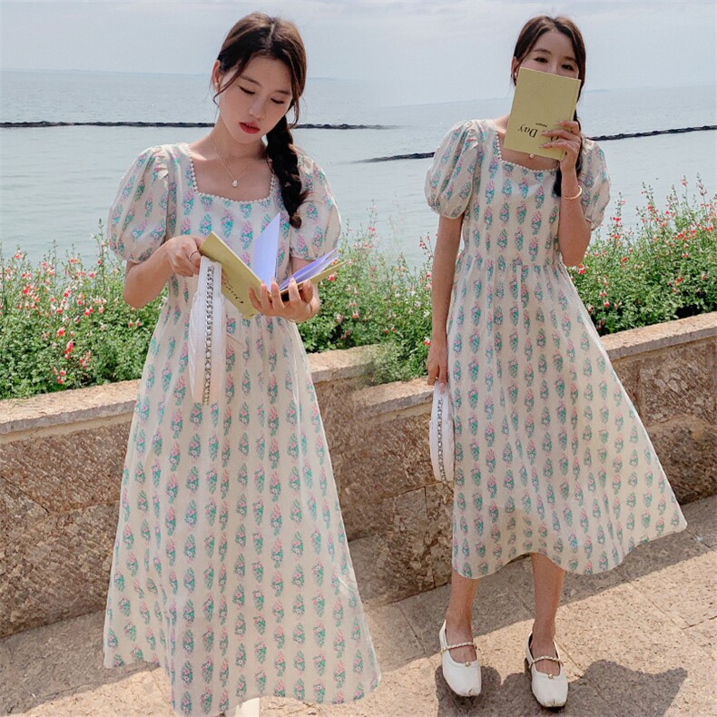 法式复古气质方领碎花连衣裙女2025夏季新款韩版收腰显瘦茶歇长裙,女装连衣裙,韩蜜菓