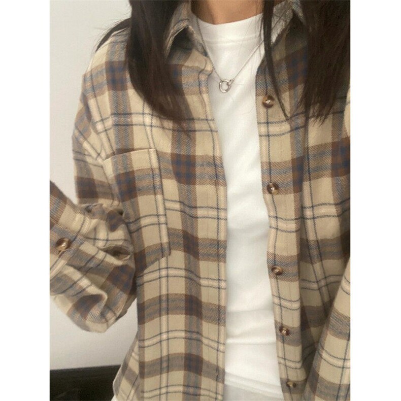 格子衬衫女内搭叠穿春秋薄外套长袖上衣格子衫复古衬衣秋CA228，男装衬衫，星座1116A（原606A-3）