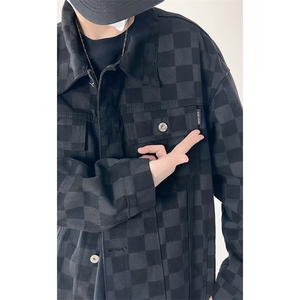 休闲大码宽松棋盘格男女拼色牛仔外套夹克J3736-P57【特价】图片
