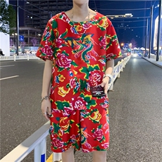 TZ203夏季新款男士T恤短裤套装东北大花大码红色蓝色青年运动套装，男装牛仔裤，星座115A(原星座507）
