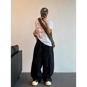 夏复古通勤垂感西裤配挂绳弯刀男女直筒宽松阔腿休闲长裤 K304图片
