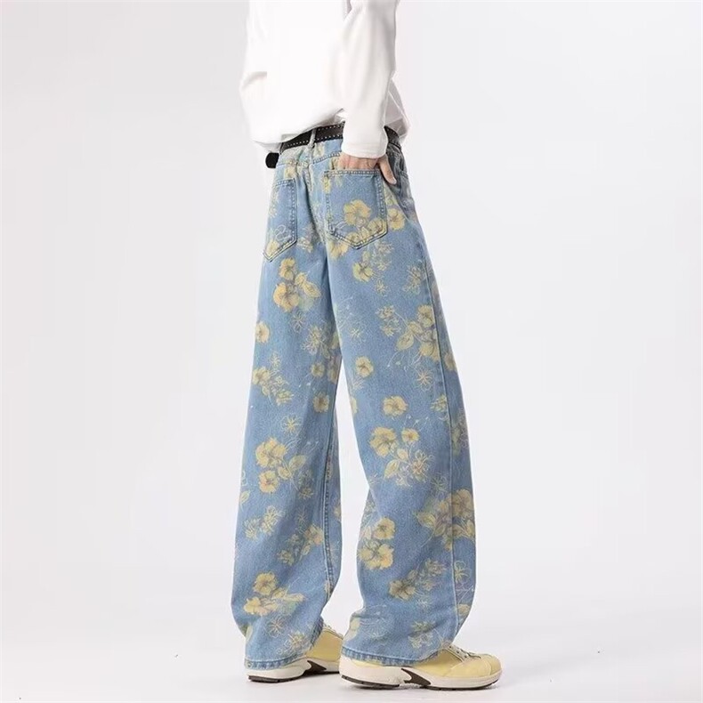 复古满印花小众设计直筒宽松牛仔裤男秋高街休闲阔腿裤AMD256P51,男装牛仔裤,星座1013-5