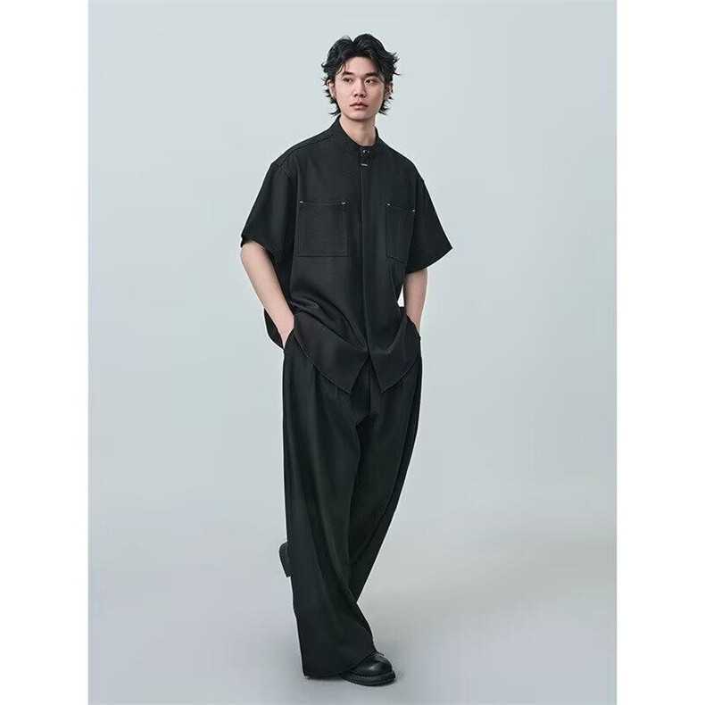 网络图现货新中式立领衬衫风暗扣工装大码半袖衬衣RX31-P45,男装T恤,星座1005-4