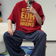 抖音得物高品质二开240克宽松纯棉美式潮牌三条杠织带短袖T恤，男装T恤，电商A486