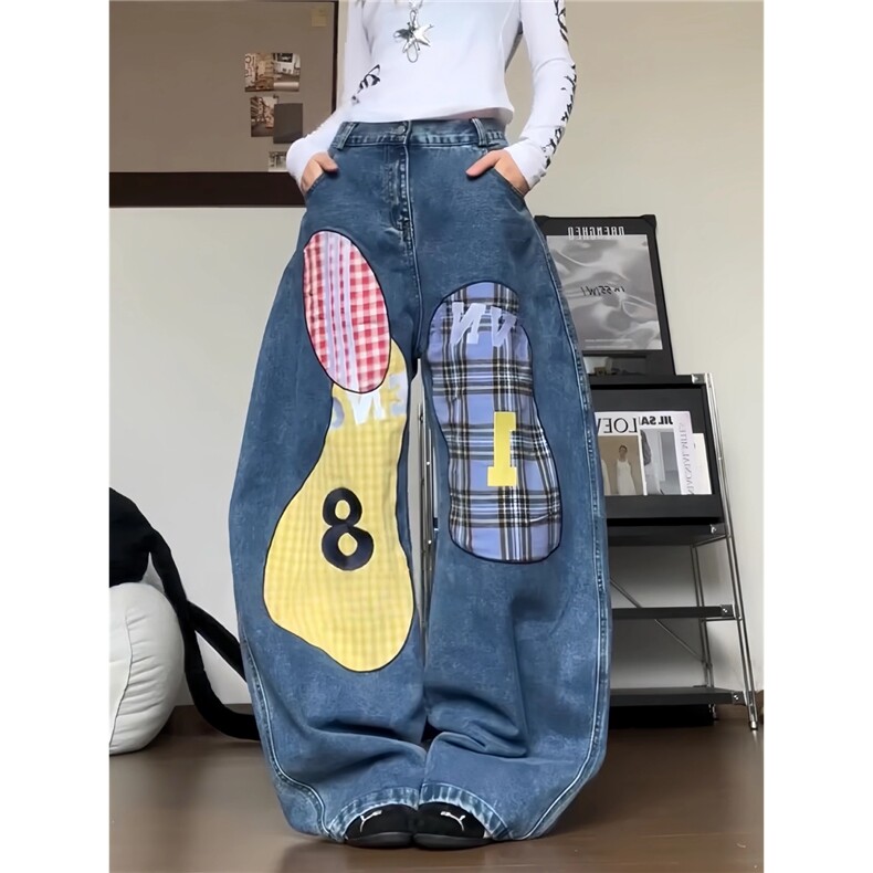 NK1014-P62美式设计感格纹拼接牛仔裤女复古街头小众休闲阔腿,男装牛仔裤,电商B323A