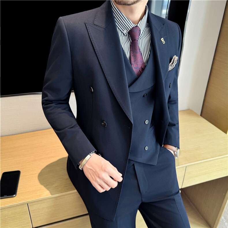 主推版~厚款暗条纹色织高档双排扣西装三件套西服男SJT8068-P295，男装西服套装，电商A213