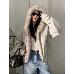 连帽毛领棉服男冬季重磅帆布宽松加厚毛绒夹克外套M6104