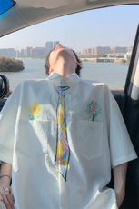 无性别短袖衬衫男款夏季涂鸦印花衬衣青少年学院风痞帅休闲上衣服，男装衬衫，电商A001-1