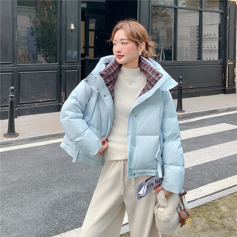 格子撞色 连帽白鸭绒羽绒服  1D066-P275-K375图片