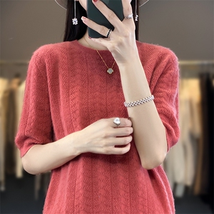 春秋新款女圆领羊毛衫中袖宽松打底衫纯色镂空针织毛衣T恤衫图片
