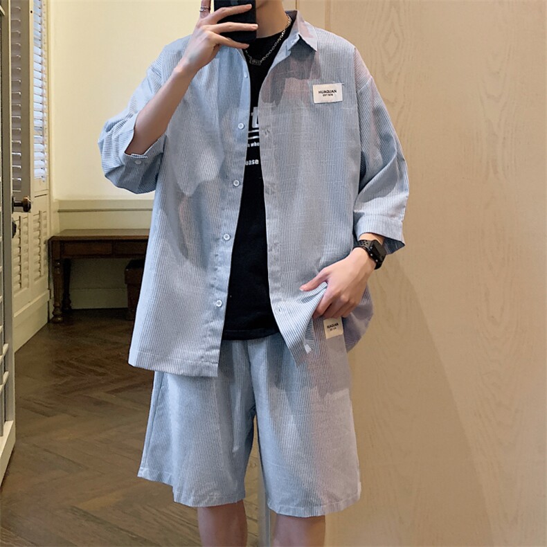 2026夏小清新条纹衬衫五分裤棉质宽松运动套装TZ8090/P65蓝色8，男装休闲套装，电商A094