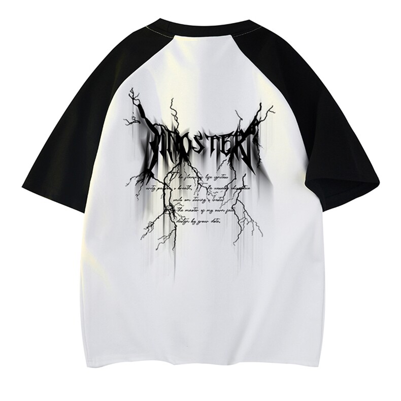 抖音得物供货240克宽松纯棉美式潮牌印花插肩袖拼接短袖T恤AT1507，男装T恤，电商A443