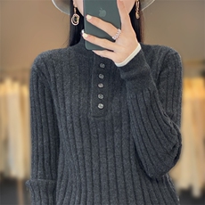 撞色POLO领假两件100%纯羊毛衫女2025新款气质保暖内搭针织毛衣冬，女装羊毛衫，昭美羊绒