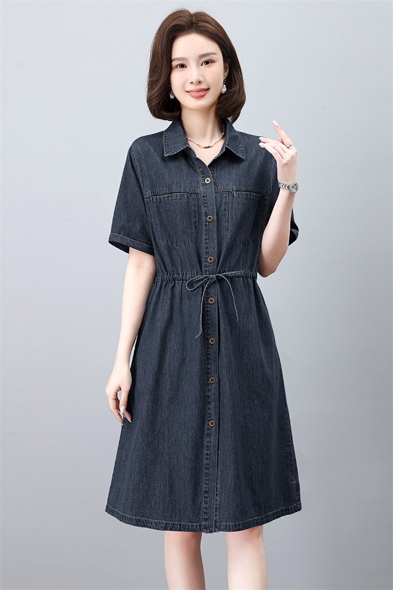 休闲牛仔连衣裙女2024年夏季新款妈妈中长款收腰显瘦翻领短袖裙子,女装牛仔裙,韩派