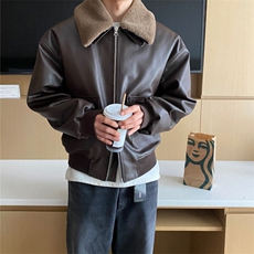816B-PY011-P130冬季韩男士羊羔毛翻领皮衣宽松阔版外套，男装皮衣，星座816B