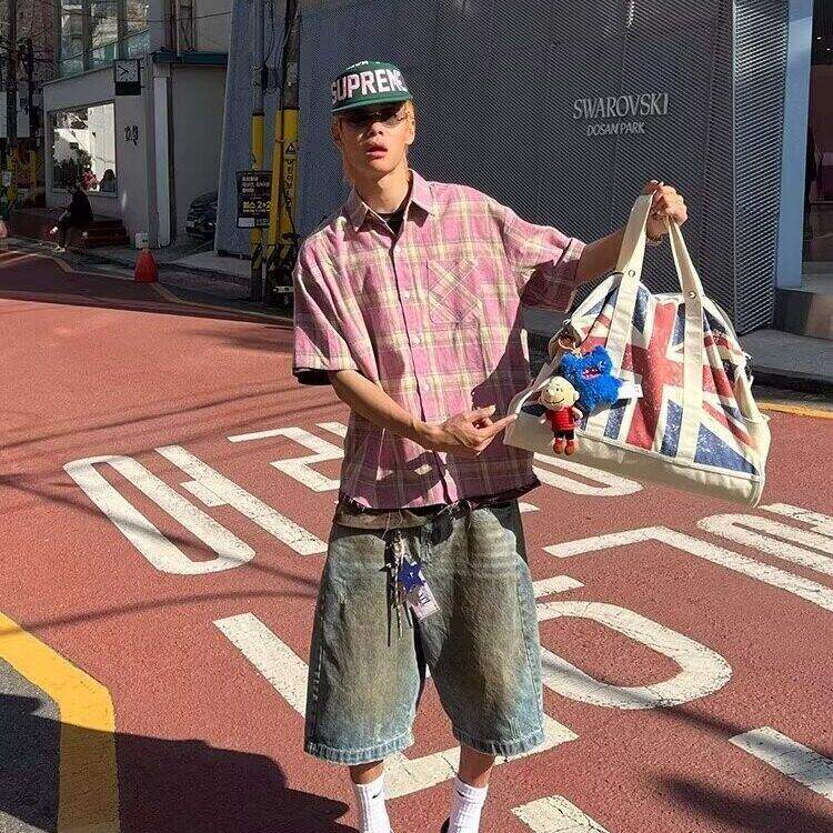 美式复古格纹短袖衬衫男女宽松休闲防晒衬衣外套夏季L70099-P35,男装防晒衣,星座1008