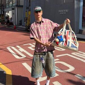 美式复古格纹短袖衬衫男女宽松休闲防晒衬衣外套夏季L70099-P35图片