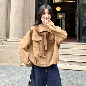 【含披肩】休闲港风短外套女春秋韩系夹克2025新款麂皮绒上衣图片