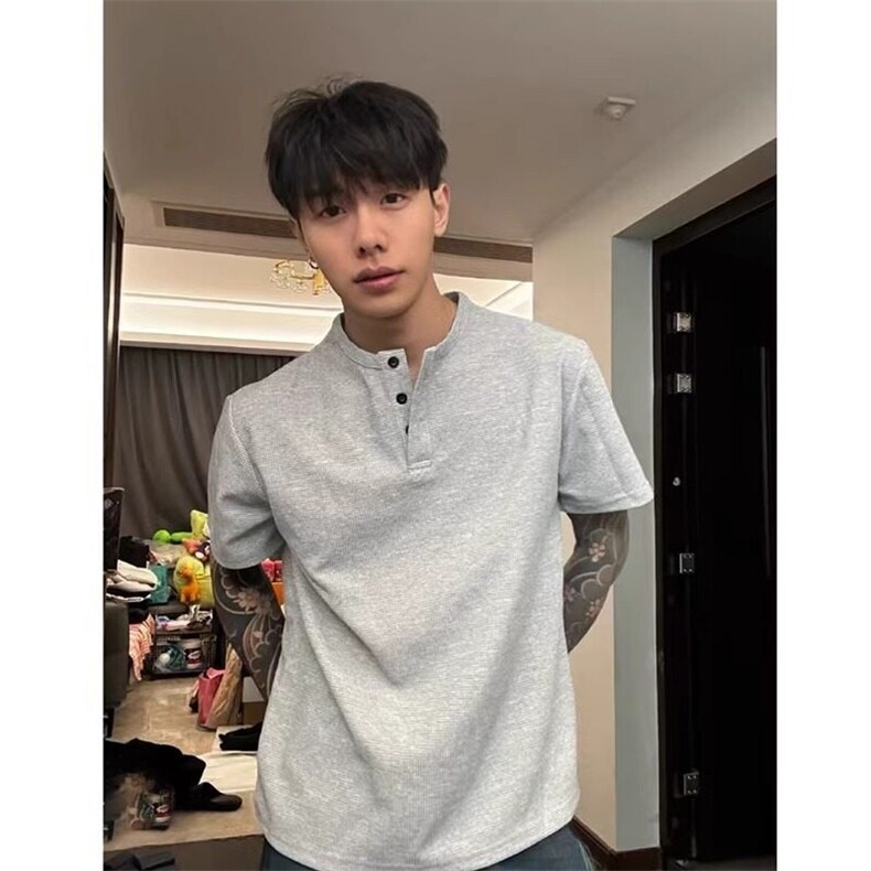 【有货】DT6612-特P25重磅华夫格亨利领短袖T恤男春夏,男装T恤,星座603-2