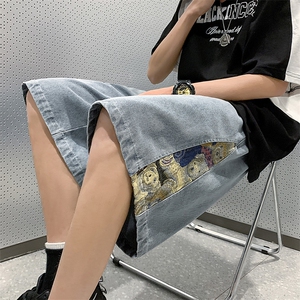 牛仔短裤男夏季港风高街水洗拼接五分裤子潮流insXD22963-P45图片
