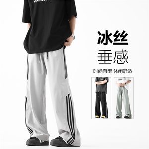 抖音品质夏季新款潮流薄款三条杠宽松长裤B315-K24164-特p35控68,红色双面绒长款大衣怎么搭配图片