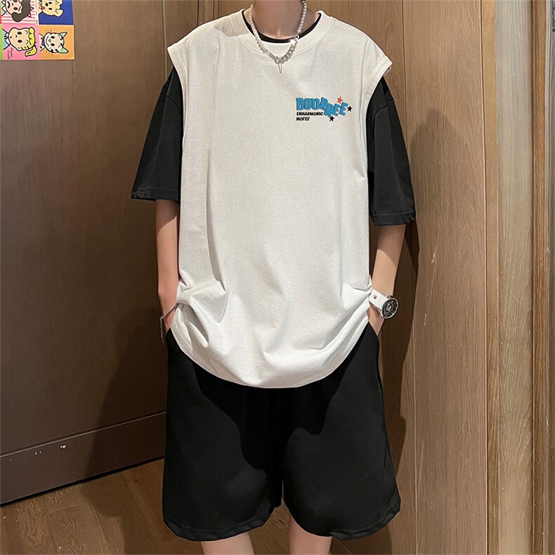 直播品质美式宽松纯棉背心无袖t恤短裤大码两件套套装TZ75-P58,男装T恤,电商A486