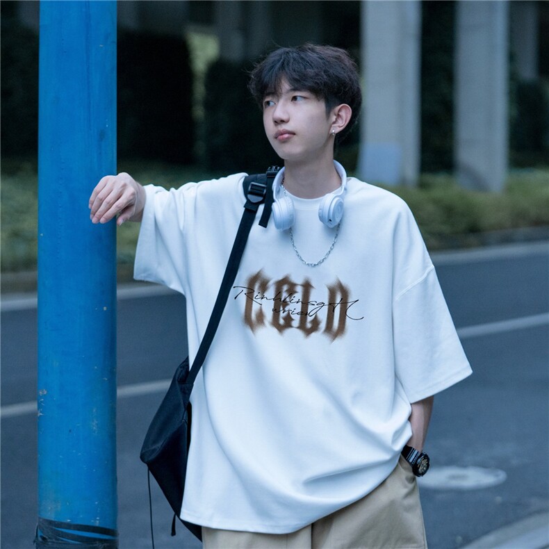 美式重磅模糊字母短袖T恤男夏季宽松休闲半袖青少年潮牌百搭上衣,男装T恤,星座1210-1