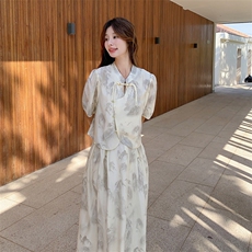 新品新中式风水墨印花复古上衣+半身裙套装p145k198，女装套装/套裙，2C269
