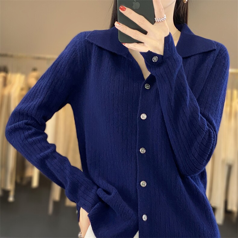 鄂尔多斯市春秋新款翻领100羊毛针织开衫外套女时尚薄外搭毛衣,女装羊毛衫,盛鼎羊绒