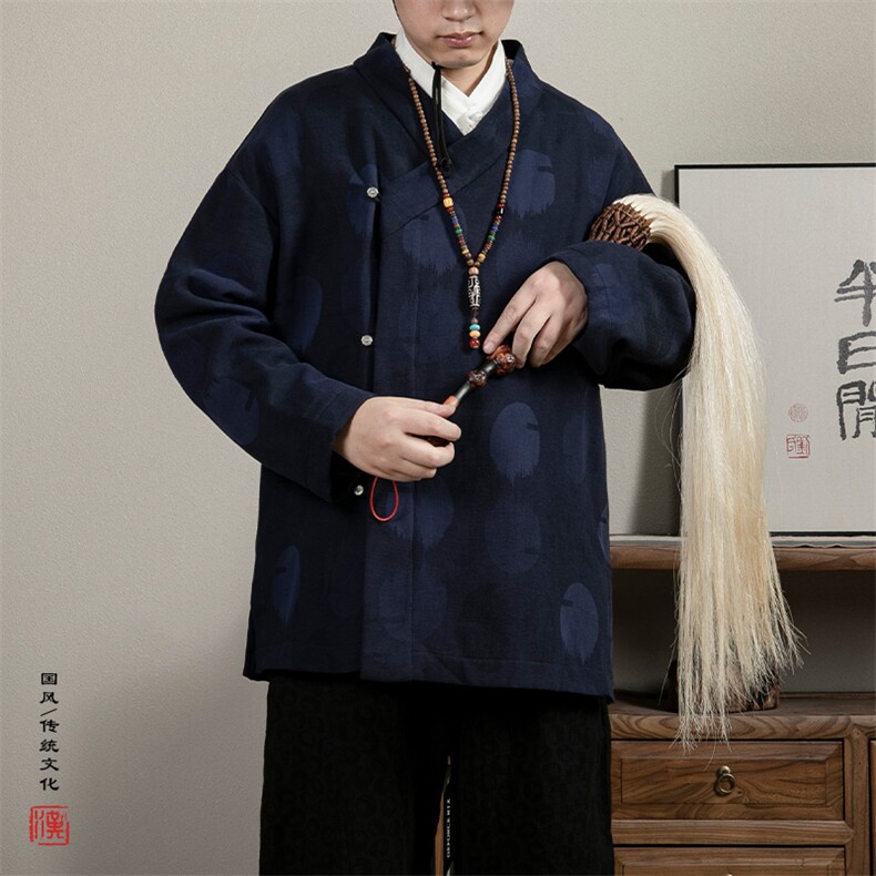新款风男装加绒加厚棉麻提花改良斜襟汉服男士道袍X15P90,男装民族服装,钱塘802