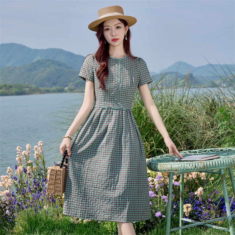 时尚格子连衣裙女中长款2026夏新款高腰修身洋气减龄休闲棉麻裙子,女装连衣裙,水衣源