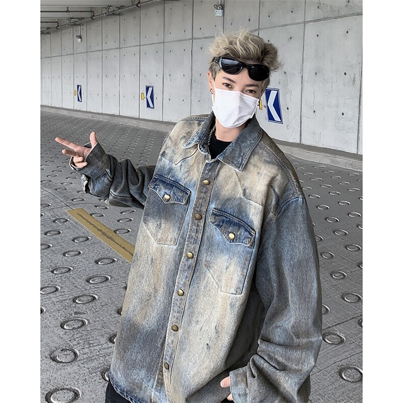 牛仔外套高级感痞帅男装做脏垫肩夹克复古水洗牛仔衣JK0985-P70,男装工装外套,星座308B-1