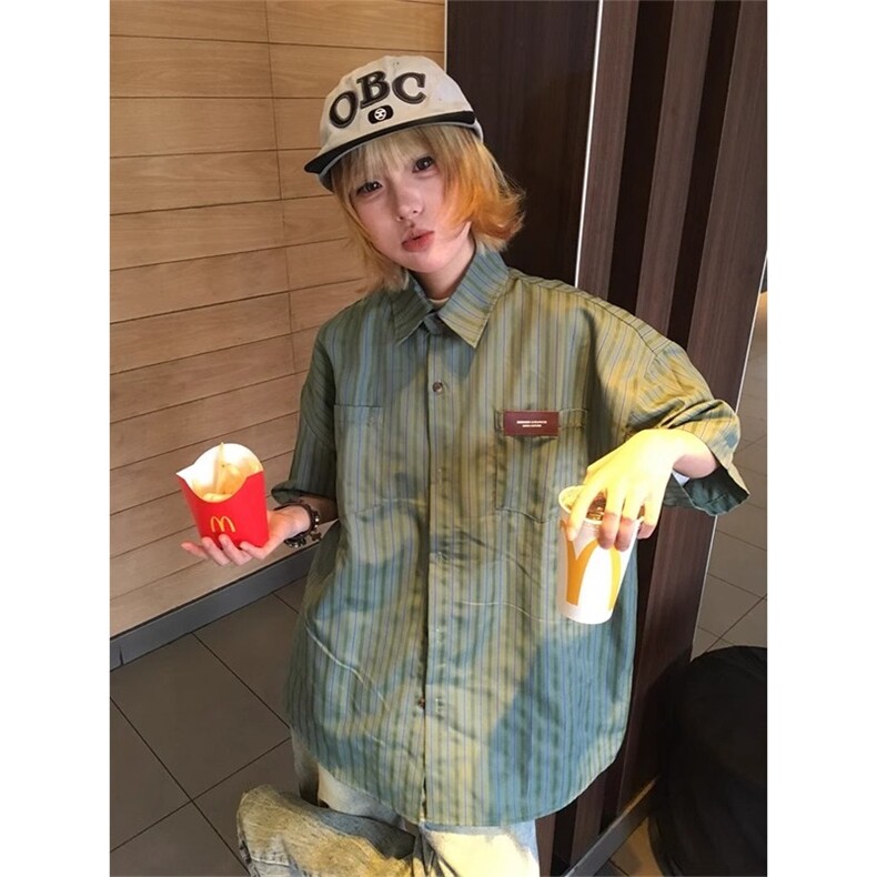 美式复古绿色条纹短袖衬衫男夏季潮牌高级感情侣衬衣宽松痞帅外套,男装T恤,星座506A