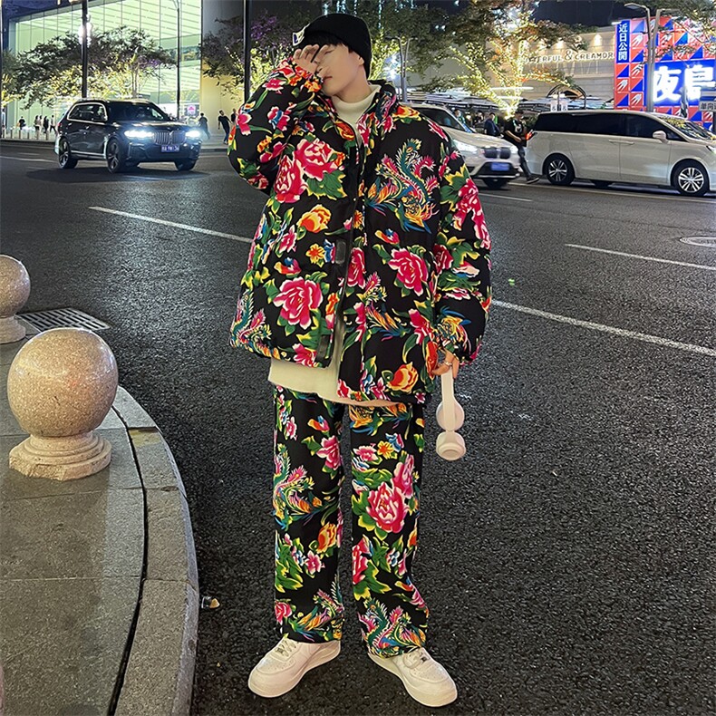 H203情侣东北大花风民族风特色牡丹大花棉袄加绒裤套装男女,男装棉衣,星座115A(原星座507）