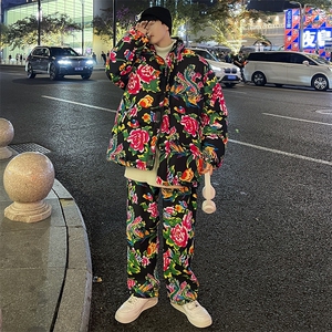 H203情侣东北大花风民族风特色牡丹大花棉袄加绒裤套装男女图片