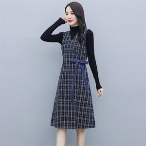 2021秋冬款小香风个性减龄连衣裙长袖拼色格子优雅显瘦两件套图片