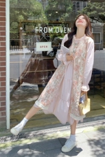 甜美氛围感茶歇连衣裙套装女2025秋季时髦减龄镂空蕾丝罩衫两件套，女装套装/套裙，2C133