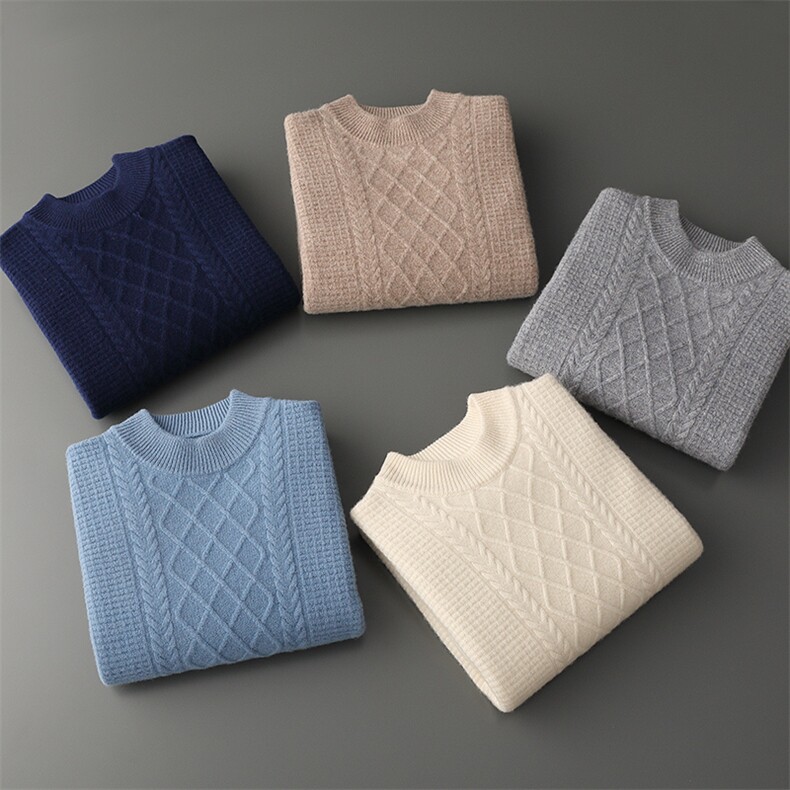 秋冬100%羊毛衫男高翻领加厚打底毛衣休闲宽松提花羊绒针织打底衫，男装羊毛衫，牧圣羊绒