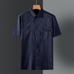 新款爆男士夏季短袖提花衬衫中老年爸爸装休闲冰丝宽松上衣服图片