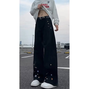 港风春款男女休闲裤刺绣款弯刀拼接直筒长裤H3073 P55图片