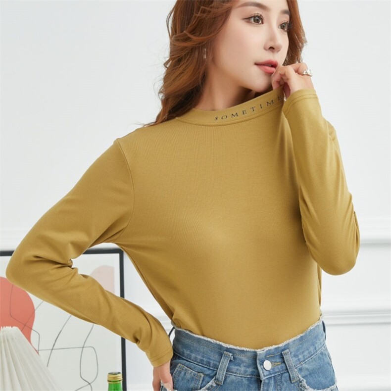 2024年秋冬季字母半高领螺纹棉打底衫简约纯色长袖T恤百搭上衣女，女装T恤，君汇