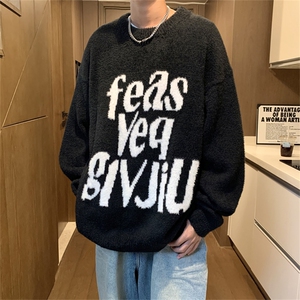 圆领毛衣男秋冬款马海毛美式潮流慵懒风内搭针织衫宽松套头打底衫图片