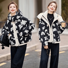 小个子印花连帽羽绒服女欧货2024冬季新款短款百搭白鸭绒保暖外套，女装羽绒服，曼娅璐