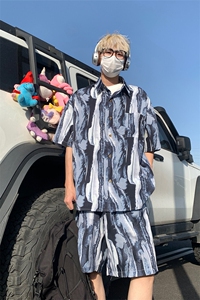 沙滩花衬衫套装男夏季薄款慵懒风五分袖短袖t恤大码外穿阔腿短裤图片