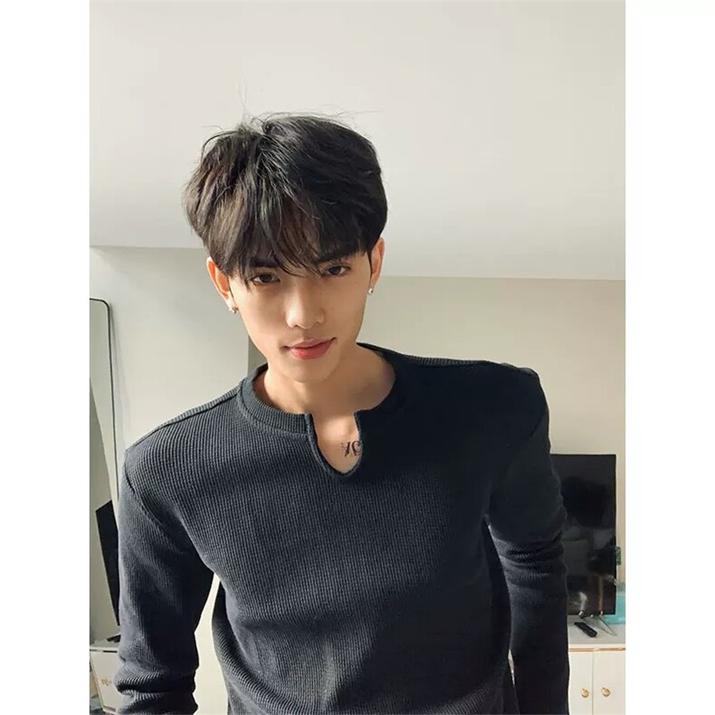 网图有货华夫格设计感小v领休闲针织长袖T恤男T169-P35，男装T恤，星座1505