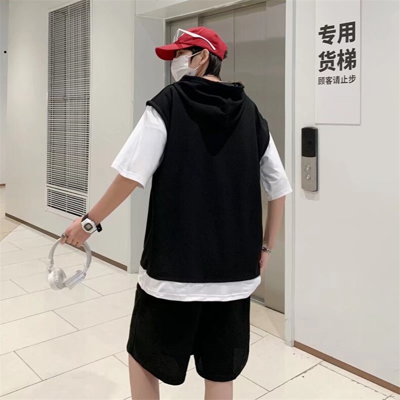 华夫格短袖夏季套装男士假两件青少年帅气连帽运动休闲薄款一套,男装休闲套装,星座410-6（原星座1304-1）