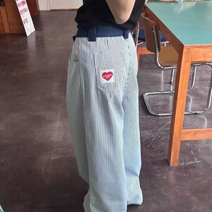 美式复古竖条纹爱心刺绣休闲裤夏季设计感拼接直筒裤垂感阔腿裤图片