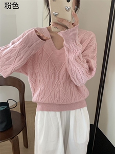 扭花V领珠片纱女士秋冬针织衫纯色简约休闲时尚图片