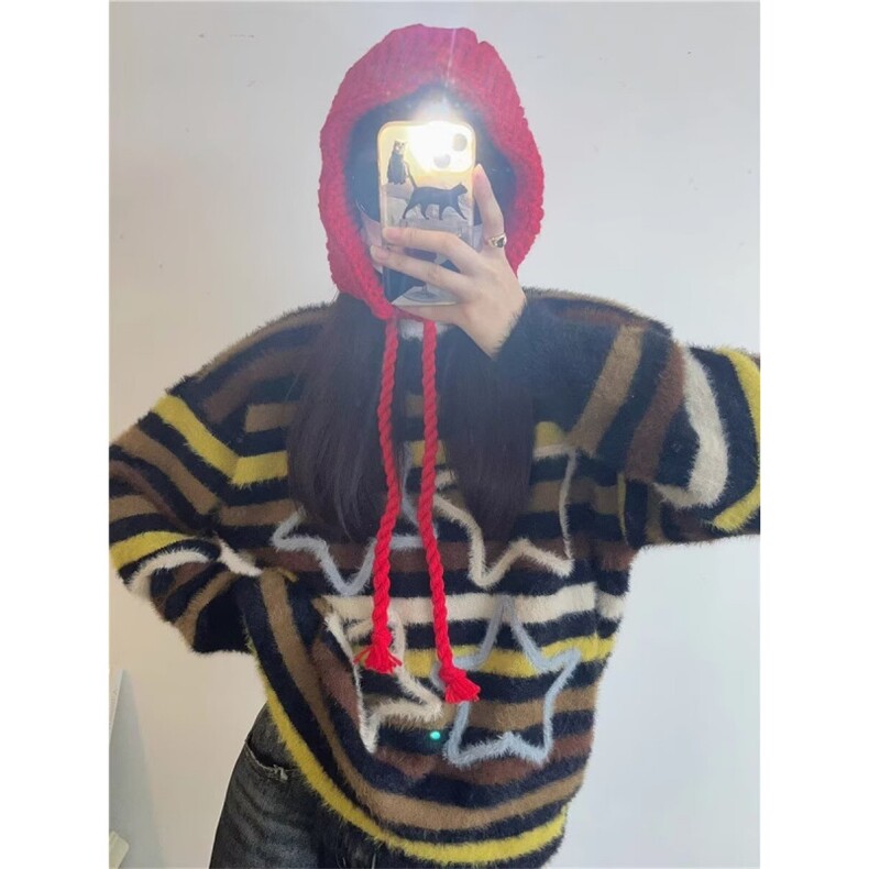 秋冬季流行洋气可爱彩色条纹套头毛衣女时尚甜美针织衫设计感上衣,男装针织衫/毛衣,星座506A